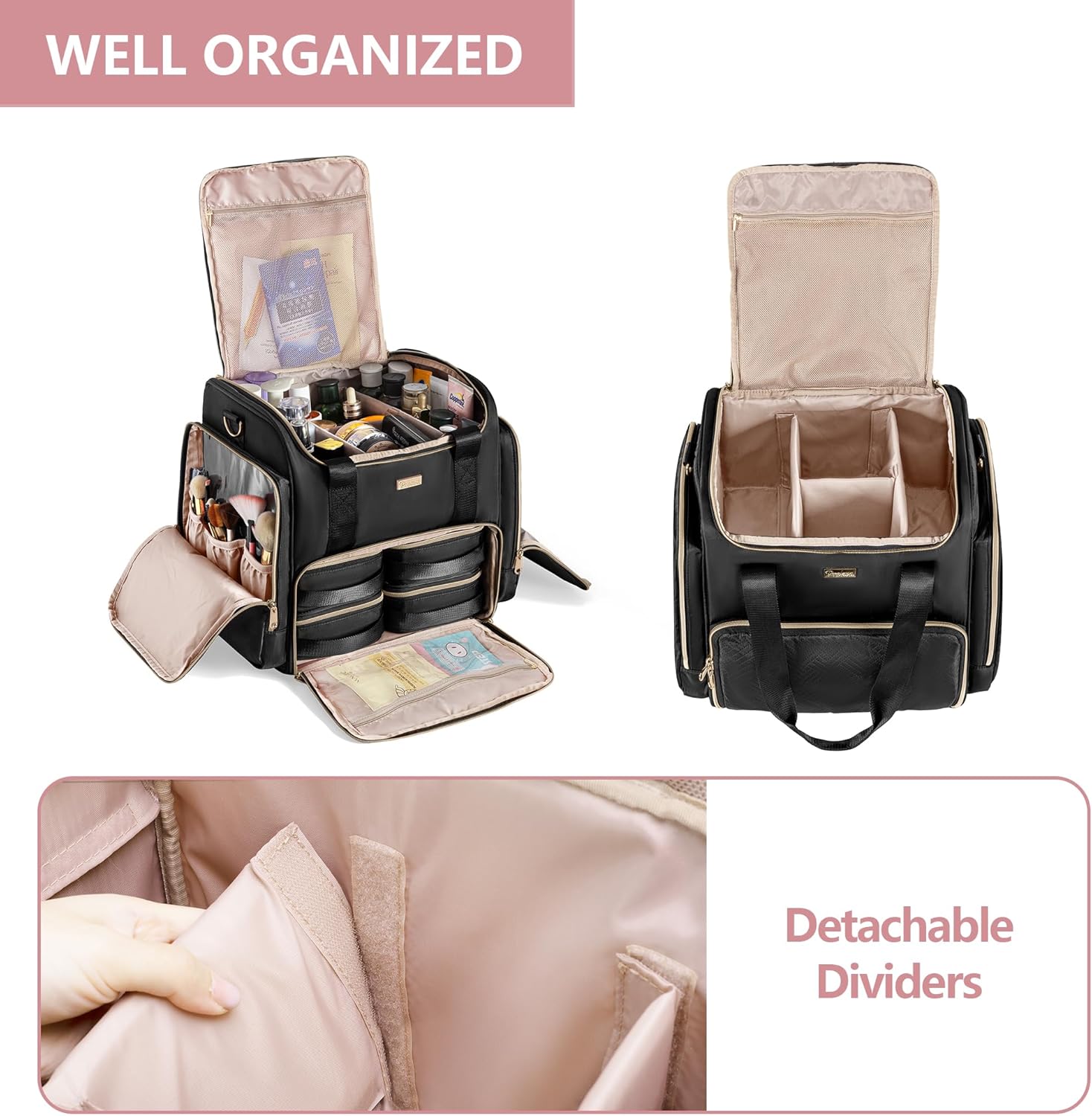 Prokva Rolling Makeup Case with 4 Removable Bags, Professional Makeup Train Case with Wheels, Makeup Artist Travel Bag with Brushes Storage Section, Black (Patent Design) - Image 3