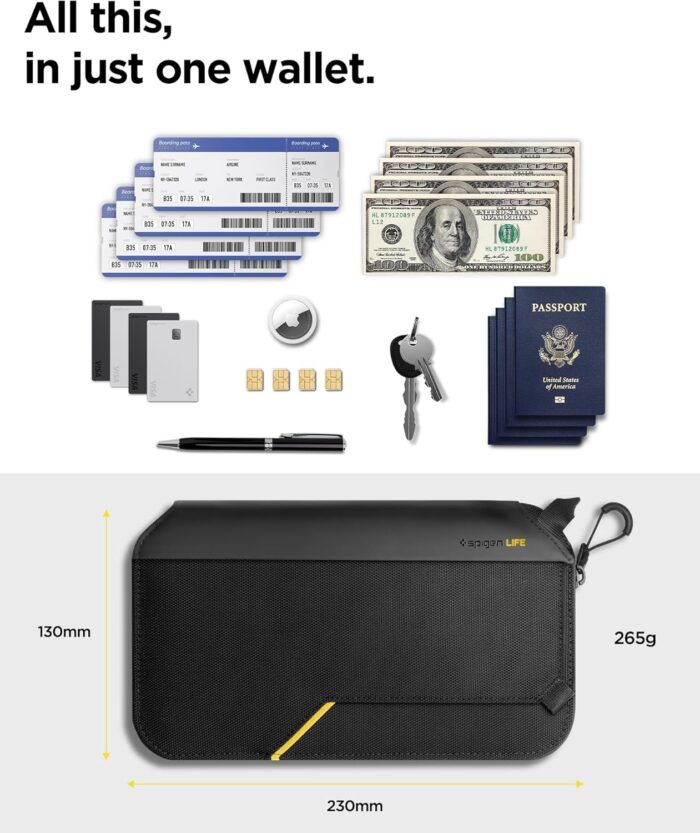 Spigen Life Passport Holder for Family, Passport Wallet Travel Documents Organizer Passport Holder with RFID Blocking, SIM Card Holder and Eject Pin, Wrist Strap, up to 4 Passports- Black - Image 6