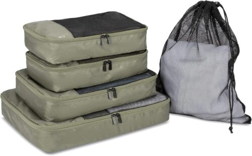 ROOTS Packing Cubes For Luggage With Laundry Bag – Set of Five to Better Organize Your Travel Suitcase, with Mesh Ventilation, Zippered, Made from Recycled Nylon – Sage