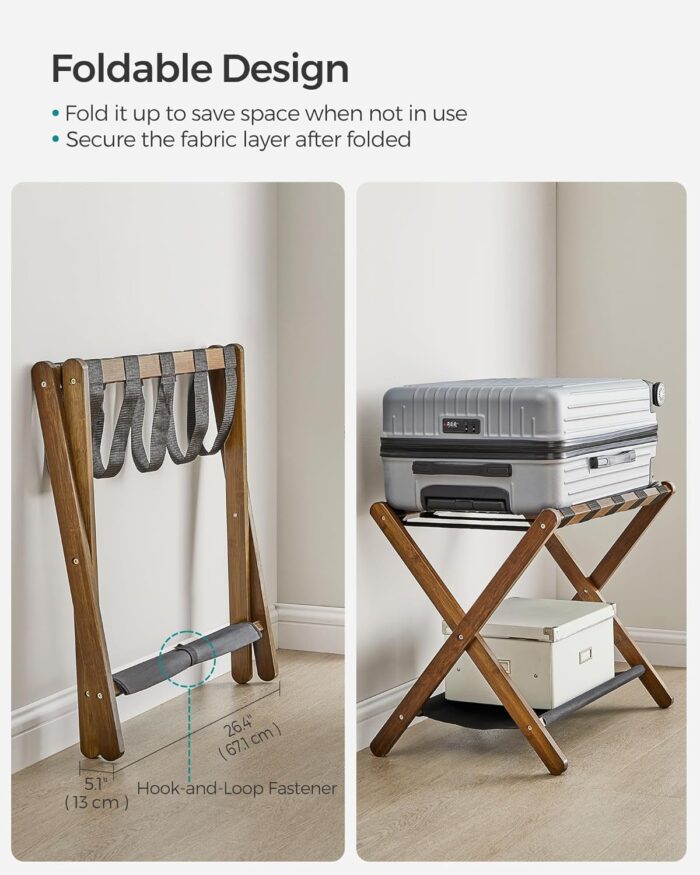 SONGMICS Luggage Rack, Bamboo Luggage Rack for Guest Room, Folding Suitcase Stand, for Hotel, Bedroom, Heavy-Duty, Holds up to 131 lb, Walnut Brown URLR007D01 - Image 7