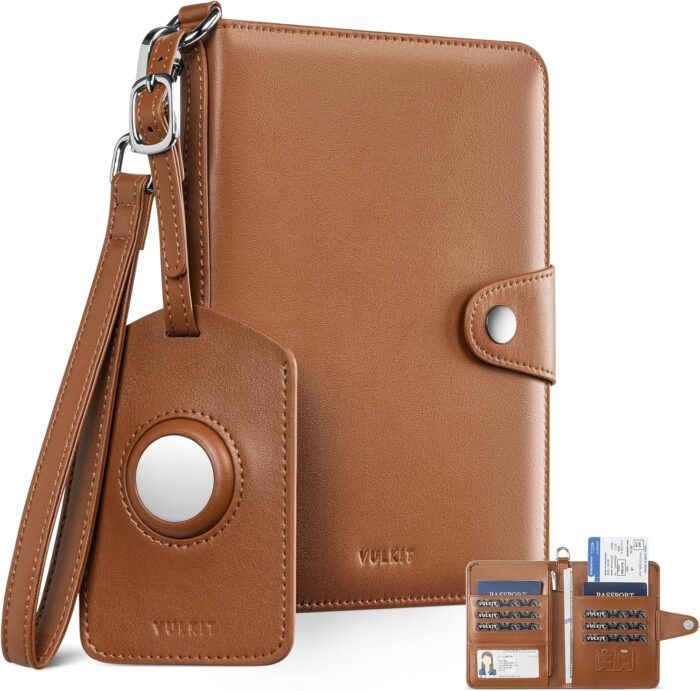 VULKIT Airtag Passport Holder 4 Passports, 2 in 1 RFID Blocking Travel Sim Wallet Cover for Family with Luggage Tag & Wrist Strap, Holds ID Card, 6+ Cards, 4+ Passports, Tickets, Cash, Coin (Brown)