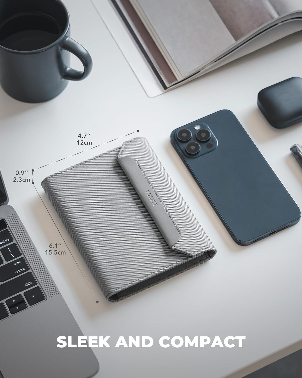 VULKIT Passport Card Holder, Vegan Leather Passport Wallet, RFID Blocking, Travel Essential, Magnetic Closure, Detachable AirTag Holder, Grey - Image 2