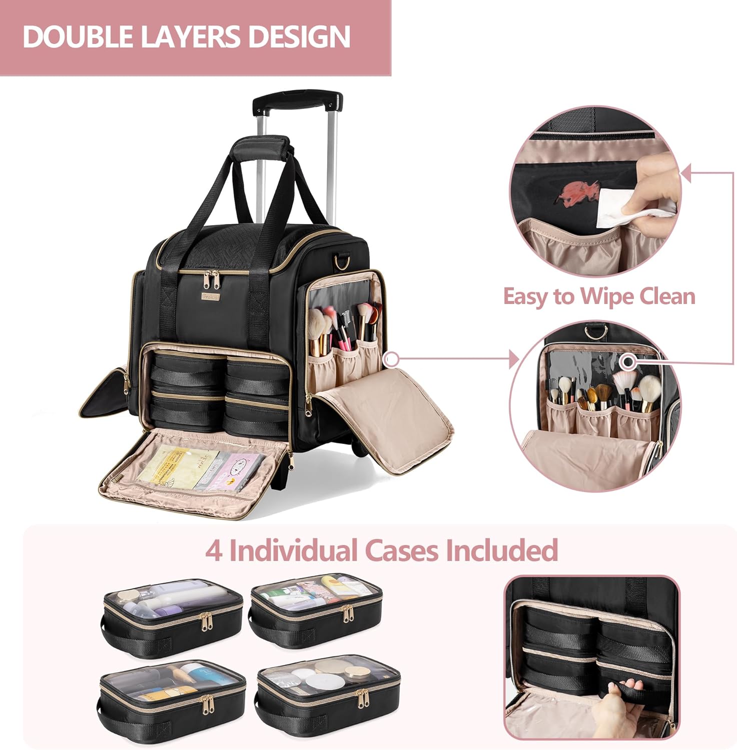 Prokva Rolling Makeup Case with 4 Removable Bags, Professional Makeup Train Case with Wheels, Makeup Artist Travel Bag with Brushes Storage Section, Black (Patent Design) - Image 2