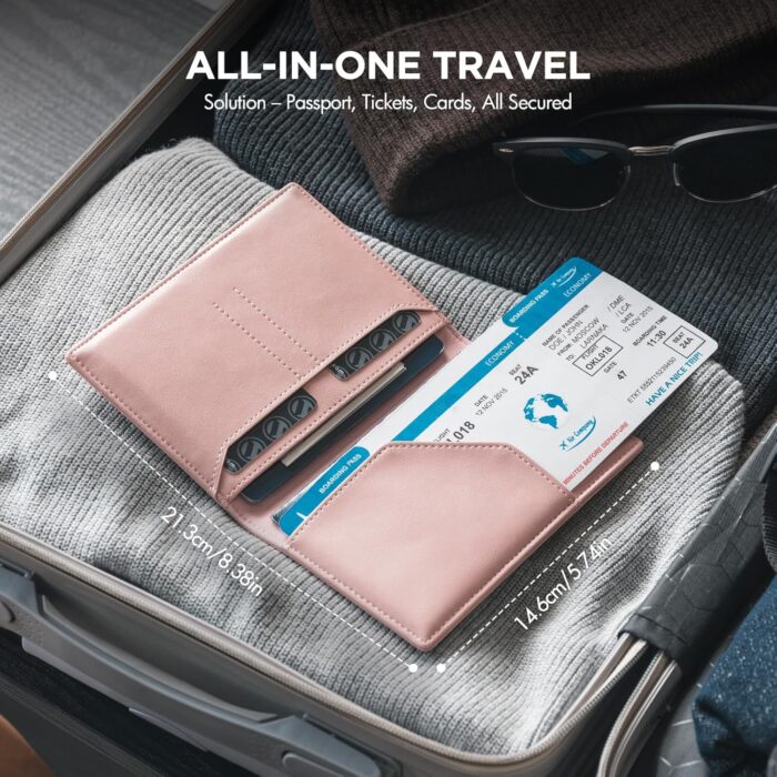 VULKIT Passport Holder for Travel, RFID Blocking Passport Cover, Slim Travel Wallet for Men & Women, Dusty Pink - Image 2