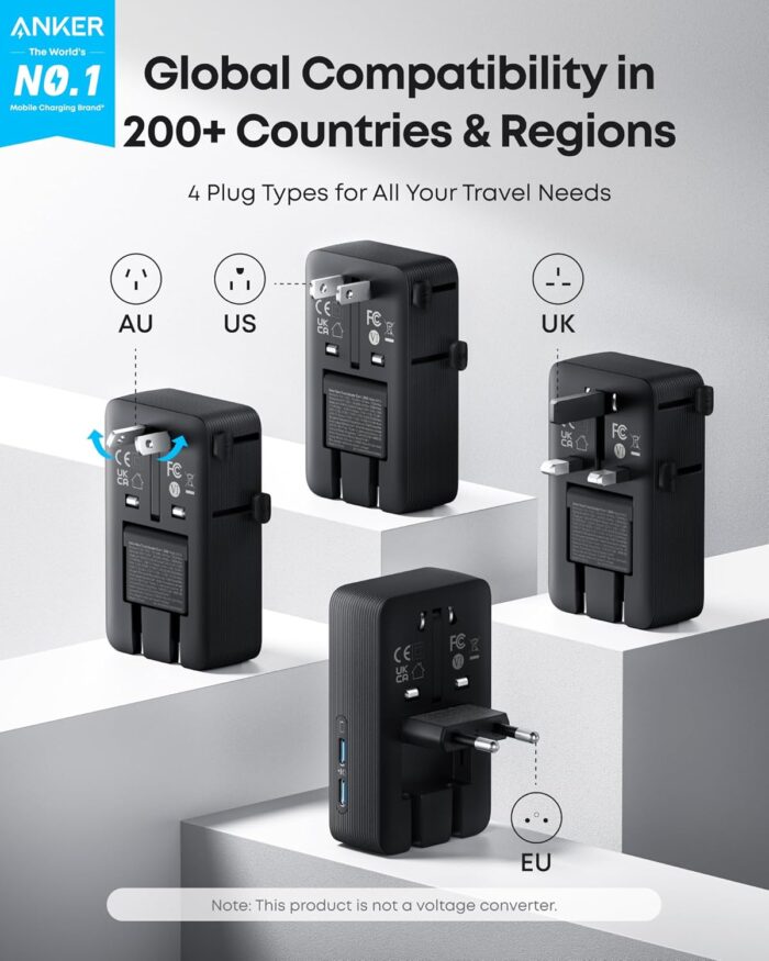 Anker Nano European Travel Plug Adapter, 5-Port Fordable Travel Adapter with 1AC 2USB-A 2USB-C Ports,Temperature Control, Essentials for Over 200 Countries, Ideal for Travel (1-Pack) (Black) - Image 2
