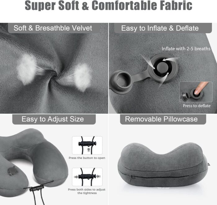 urophylla Inflatable Travel Neck Pillow for Airplanes, Super Soft Velvet Neck Support, Adjustable Firmness, Blow Up Plane Pillow for Long Flights, Road Trips, Travel Essentials with Eye Mask, Earplug - Image 4