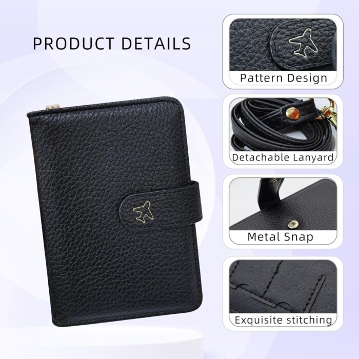 AdiStylinno Passport Holder, PU Leather Passport Wallet with Neck Strap, Travel RFID Blocking Card Cover Case for Men Women (Black) - Image 3