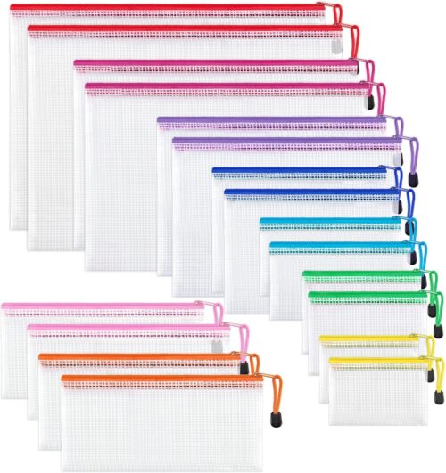 JARLINK 18 Pack 8 Sizes Mesh Pouch, 9 Colors, Zipper File Bags Document Multipurpose Travel Bags for Office, School, Board Game, Puzzles, Cosmetics, Travel Accessories, and Home Organize