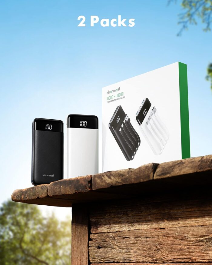 Charmast 2 Pack of Portable Chargers with Built in Cables, 2PCS Slim 10000mAh Travel Essentials Battery Pack 6 Outputs 3A Power Banks for iPhone Samsung Pixel LG Moto iPad (Black + White) - Image 8