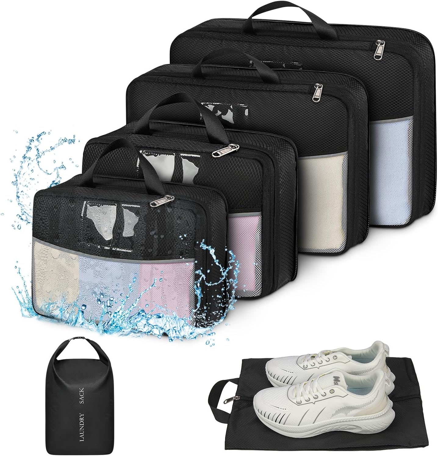 SDYSM Compression Packing Cubes 6 Set Waterproof Travel Luggage Organizer Large Travel Cubes for Packing Clothes Compressible Packing Cube Suitcase Organizer Bags with Shoe Bag, Laundry Bag Black