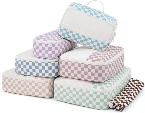 Narwey 7 Set Packing Cubes Travel Organizer, Packing Cubes Carry on Luggage Set Suitcase Backpack for Travelling, Travel Essentials Accessories Cubes with Laundry Bag (Combined Checkerboard)