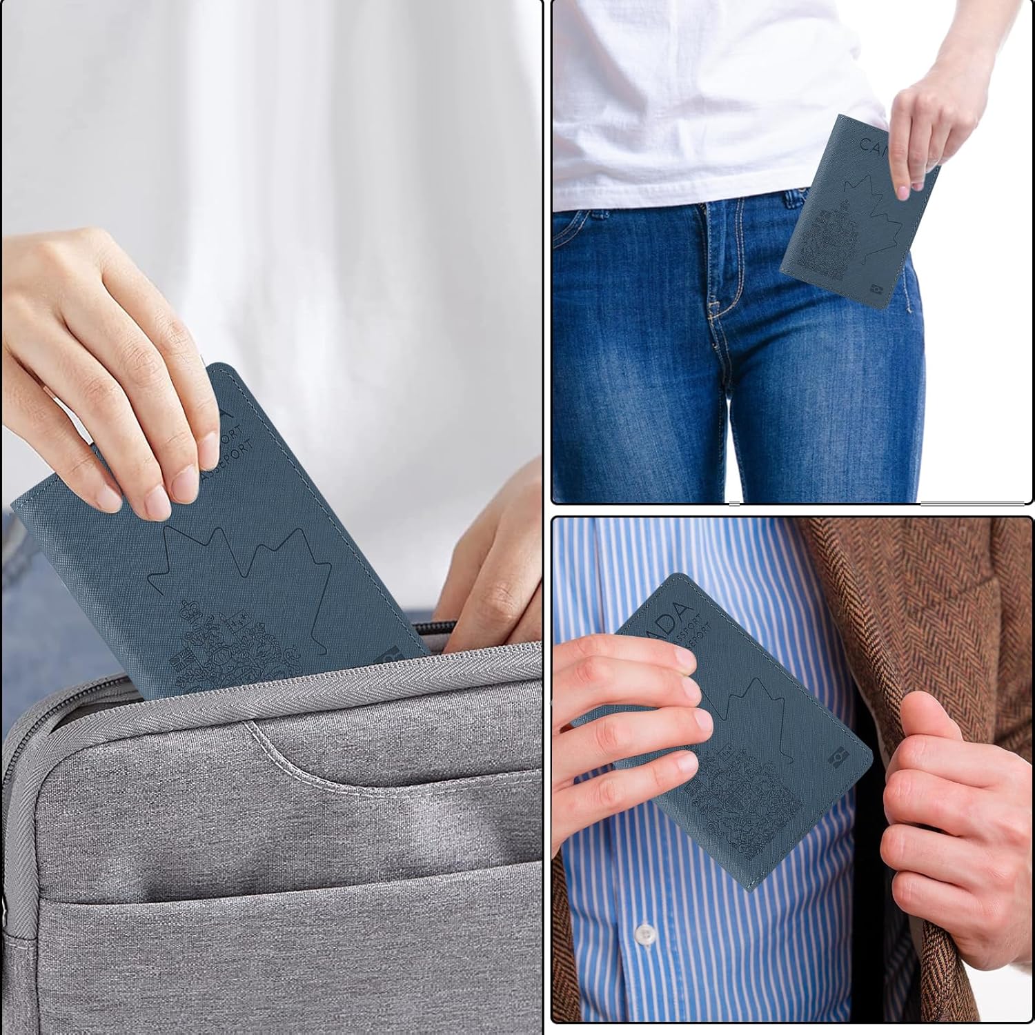 Premium Faux Leather Passport Holder RFID Blocking,3D Embossed Passport Case for Canadian and International Travel Slim Passport Cover for Men and Women Blue - Image 6