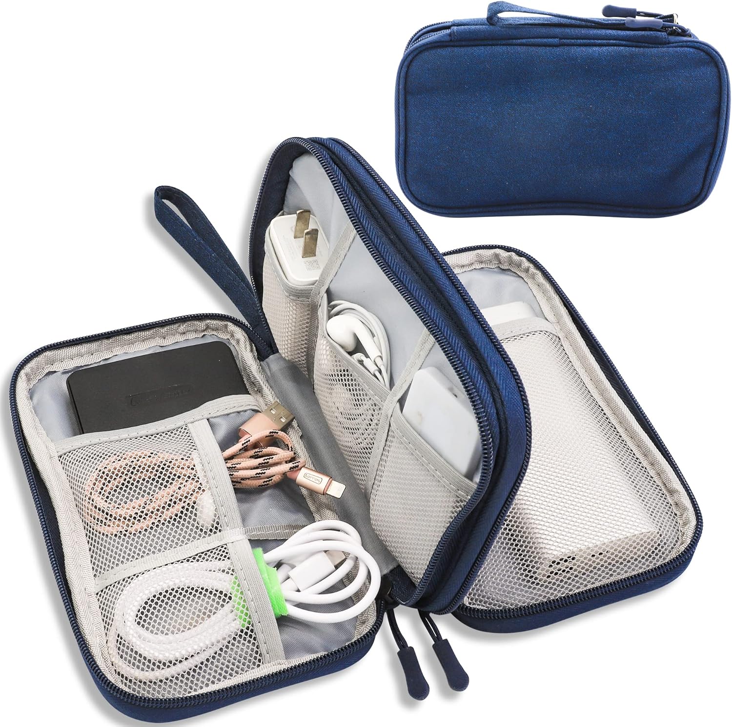 Teskyer Cable Organizer Bag, Portable Travel Cord Organizer case, All in One Waterproof Electronics Accessories Storage Bag for Cables, Chargers, Earphones, Hard Drives, 8.5 x 5 inch (Navy Blue)