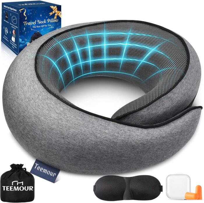 Travel Neck Pillow for Airplanes, Memory Foam Travel Pillow with Adjustable Velcro, Complete Set Includes 3D Eye Mask, Ear Plugs & Luxury Bag - Portable Gift for Travel Essentials Large（Grey）