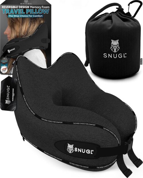 SNUGL Travel Pillow – Memory Foam Travel Neck Pillow Airplane – Neck Pillows for Sleeping - Ideal for Car Camping with Carry Bag & Clip - Airplane Essentials (Adult Regular - Black)