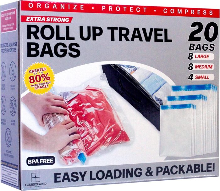 20-Pack Travel Compression Bags by Foursquared | Roll-Up Space Saver Vacuum Bags for Clothes, Luggage, and Storage - No Vacuum or Pump Needed (8 Large, 8 Medium, 4 Small) - Image 6