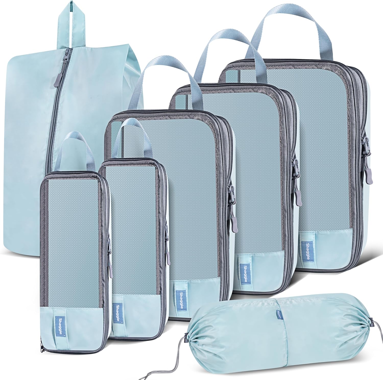 Shaggie 7-Piece Compression Packing Cubes Set – Space-Saving Travel Organizer Bags for Carry-On Suitcase & Luggage, Packing Cubes for Travel Essentials – Lake Blue